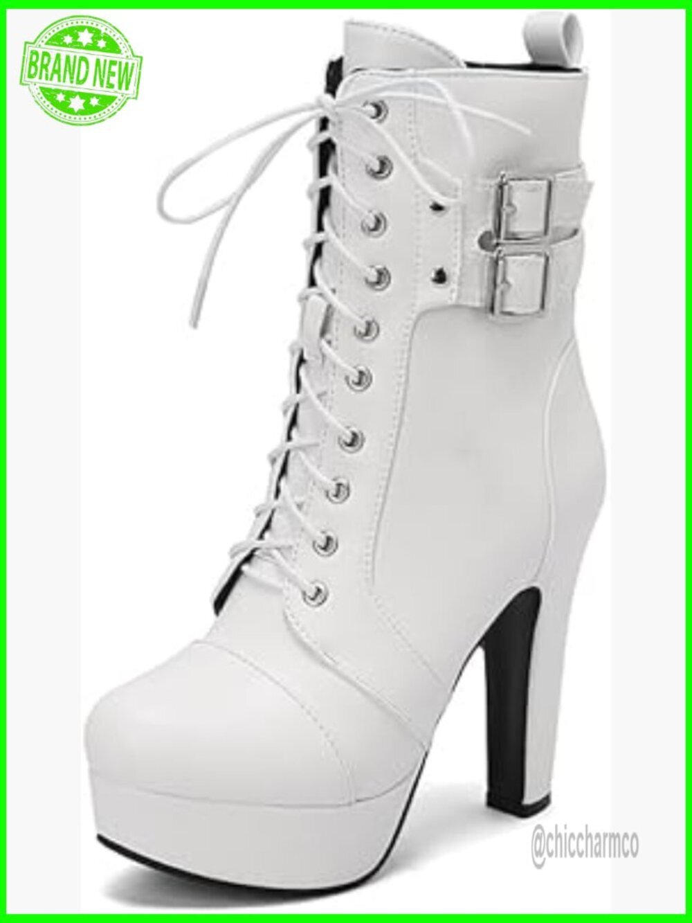 Leather Block Heel Ankle Boots Punk Studded Lace-Up Chunky Heel